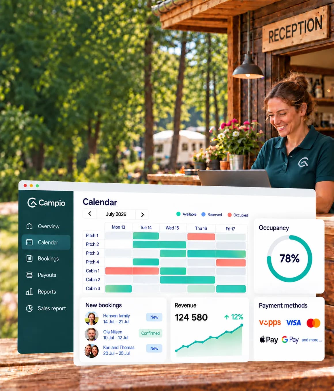 Campsite host at the reception desk with the Campio booking and operations system on screen: calendar, occupancy, new bookings, revenue and payment methods