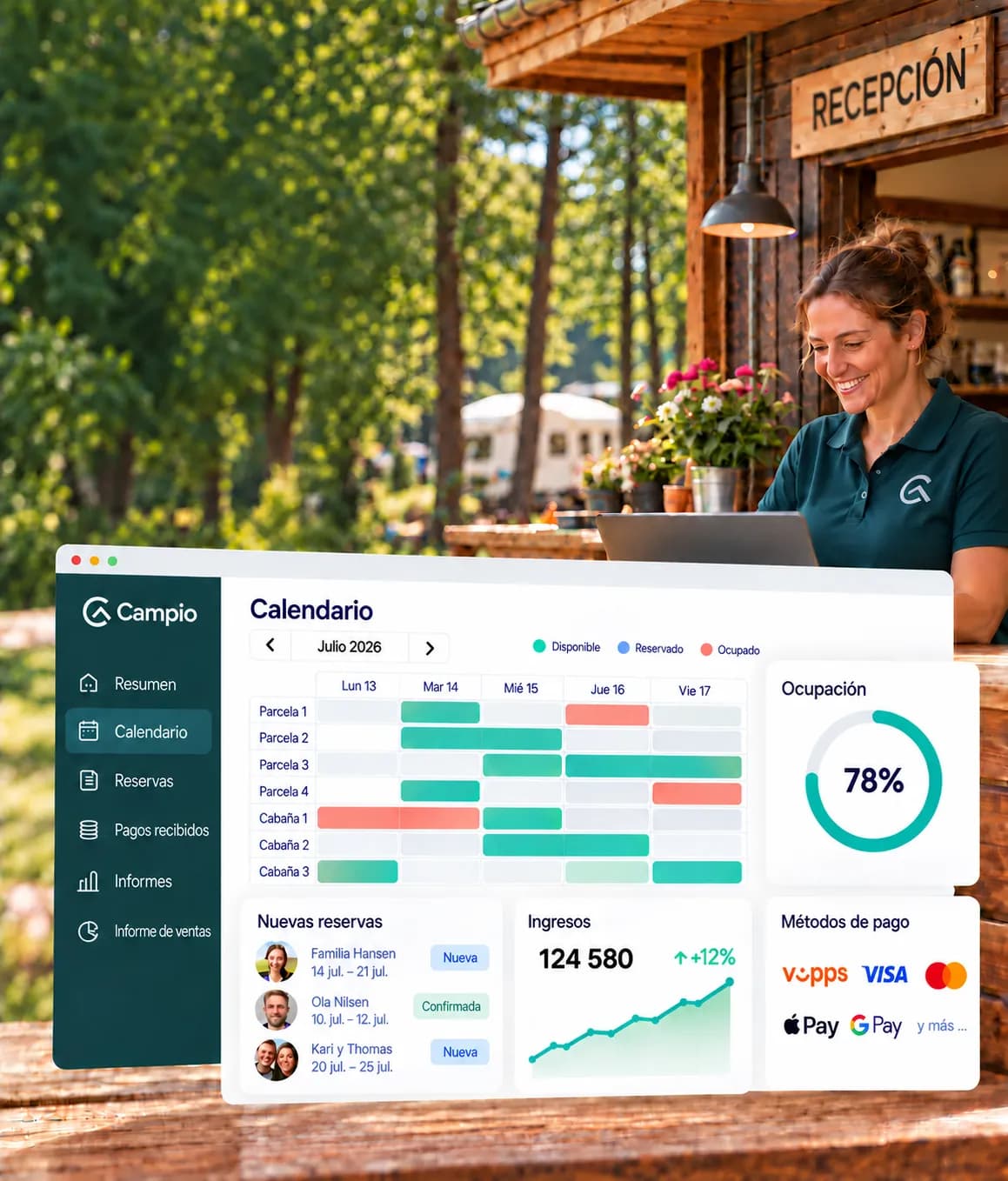 Anfitriona de camping en la recepción con el sistema de reservas y gestión de Campio en la pantalla: calendario, ocupación, nuevas reservas, ingresos y métodos de pago